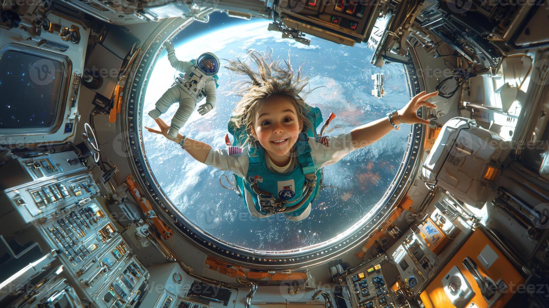 Joyful Girl Astronaut Floating in Space Station Earth View photo