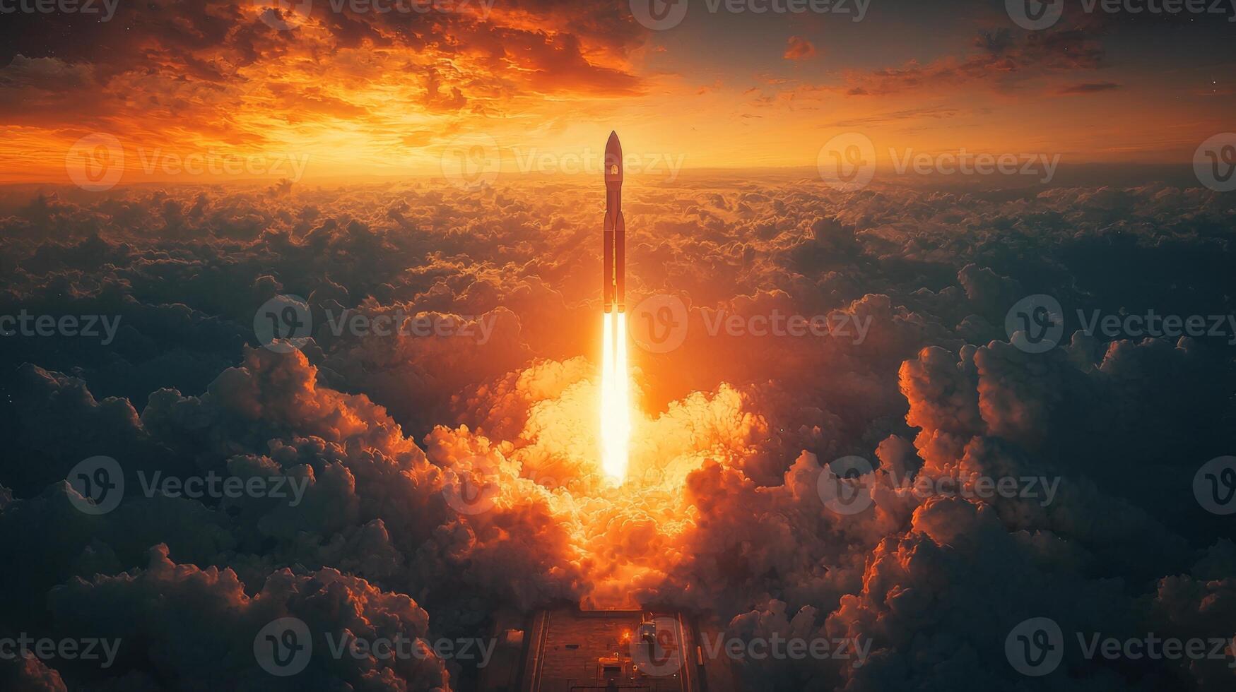Fiery Rocket Launch at Dawn Space Exploration Cloudscape photo