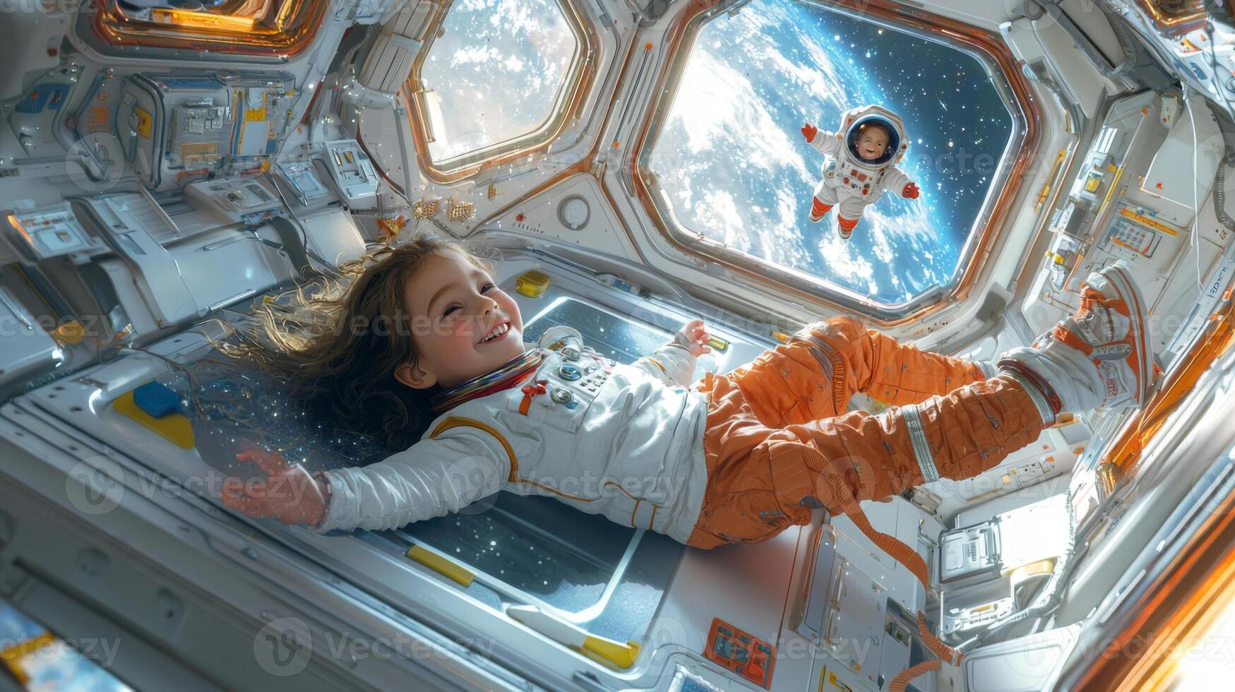Joyful Girl Astronaut Floating in Space Station photo