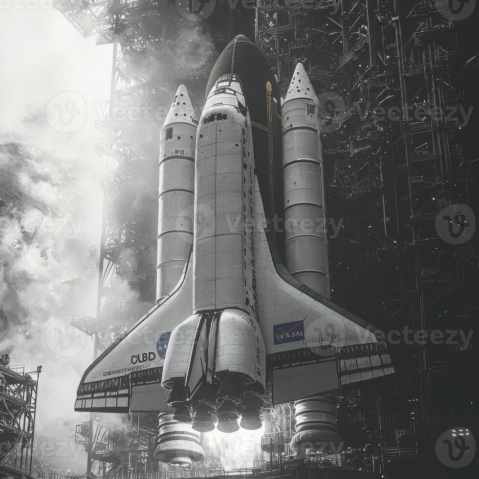 Space Shuttle Launch Monochrome Rocket Ready for Liftoff photo