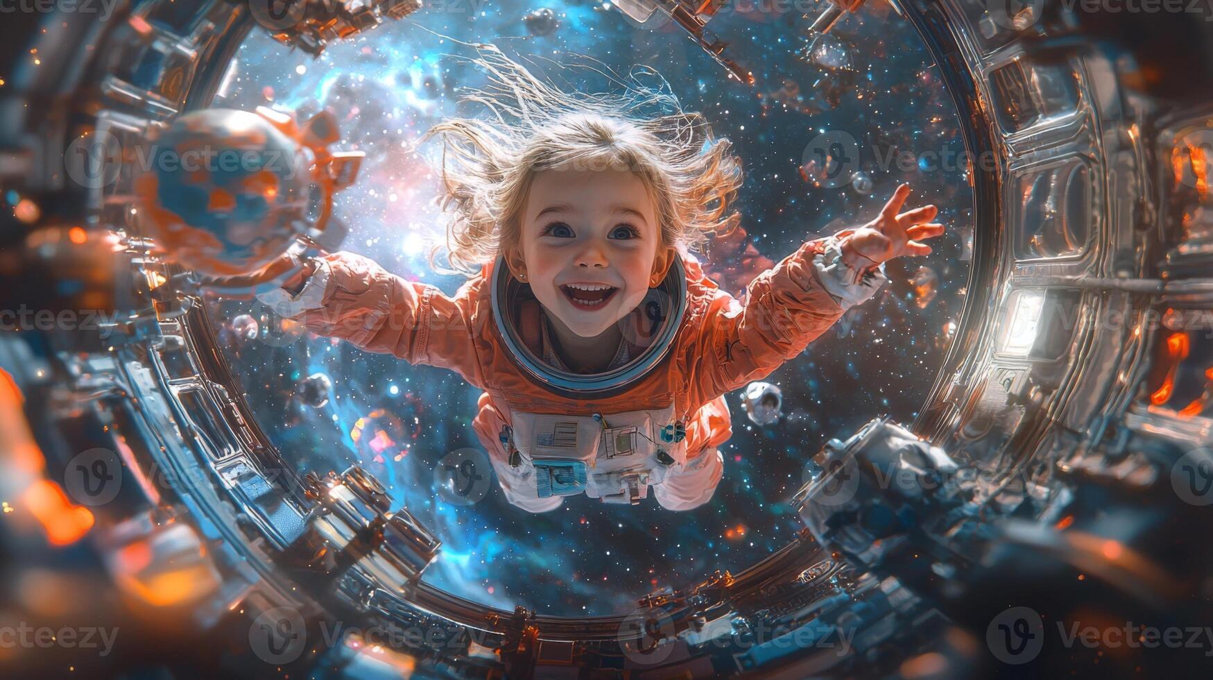 Joyful Child Astronaut Floating in Space Station Zero Gravity Space Exploration photo