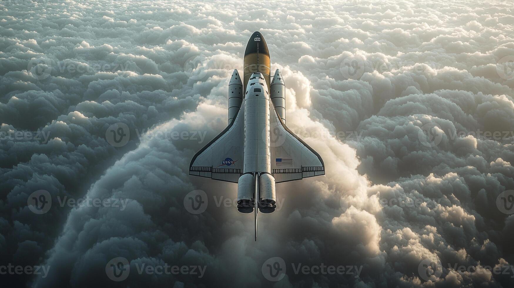 Space Shuttle Descending Through Clouds High Resolution Aerial Image photo