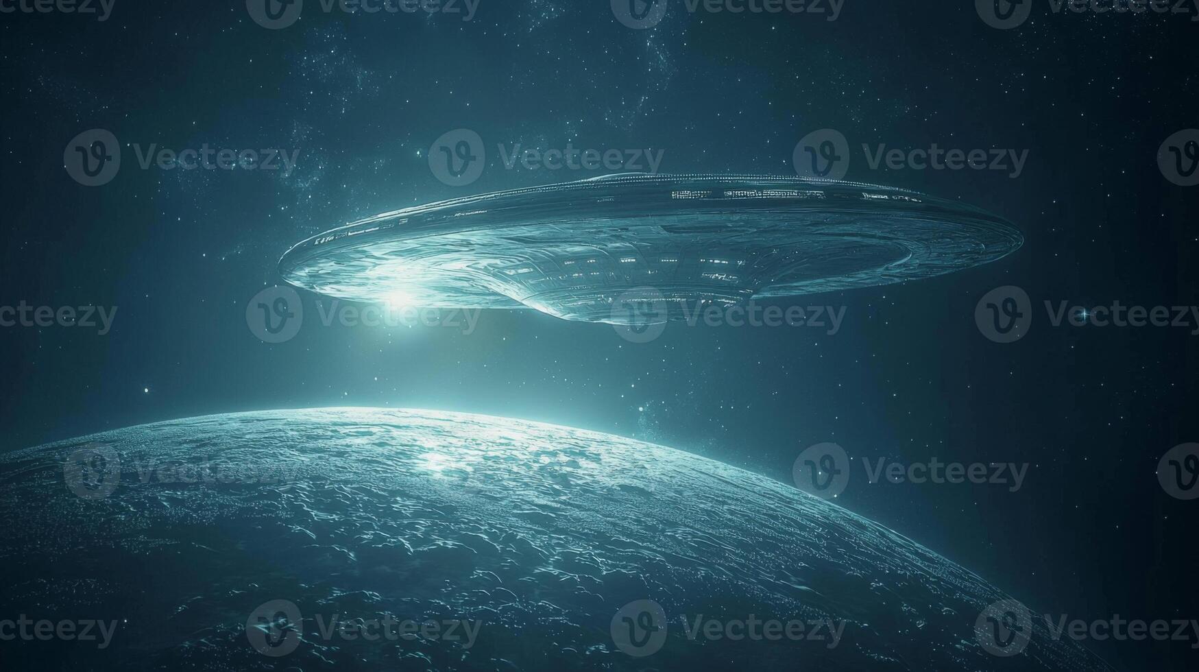 Mysterious Alien Spaceship Over Luminous Blue Planet Sci Fi Scene photo