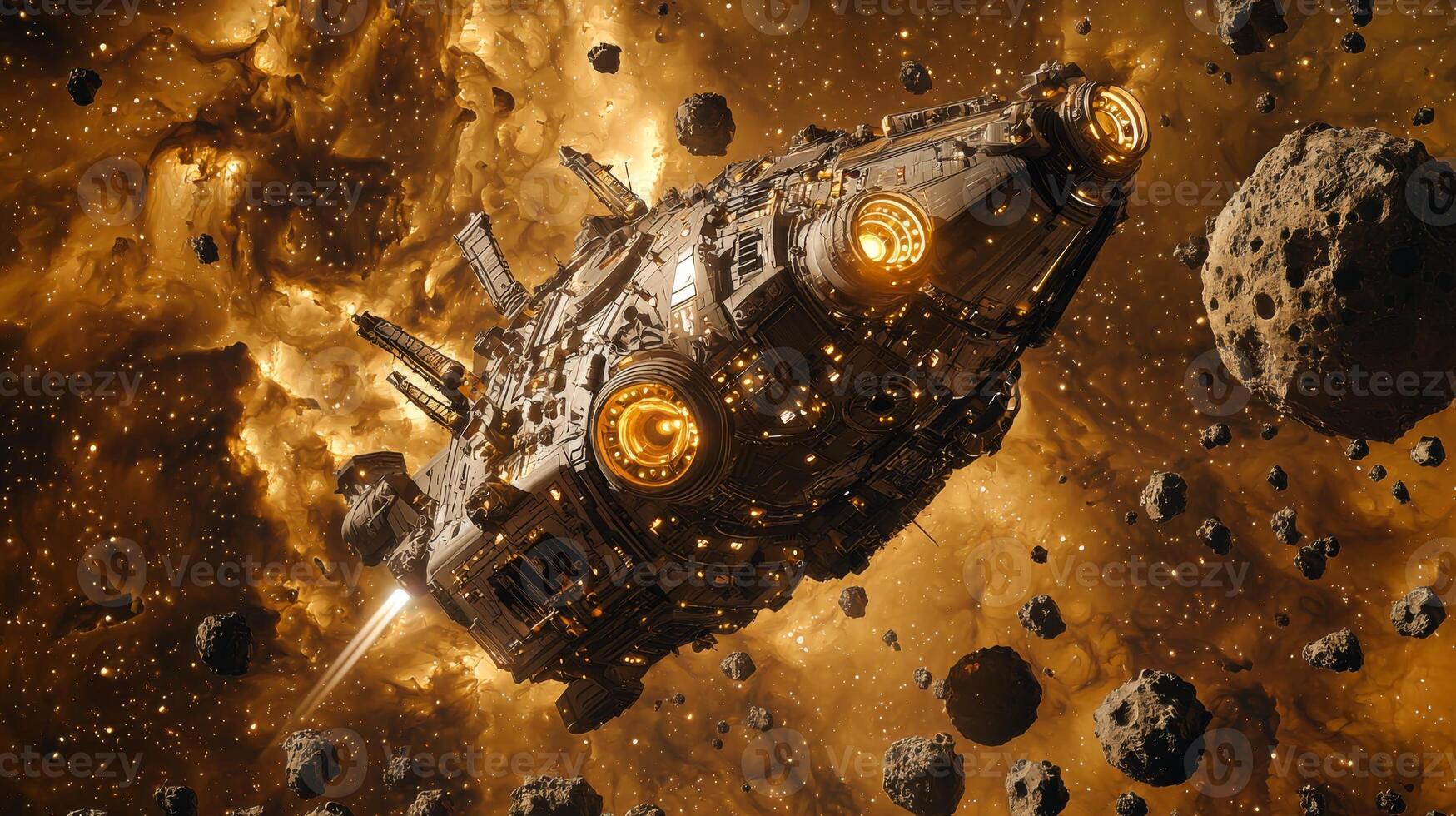 Futuristic Spaceship Navigating Asteroid Field Nebula Background Sci Fi Art photo