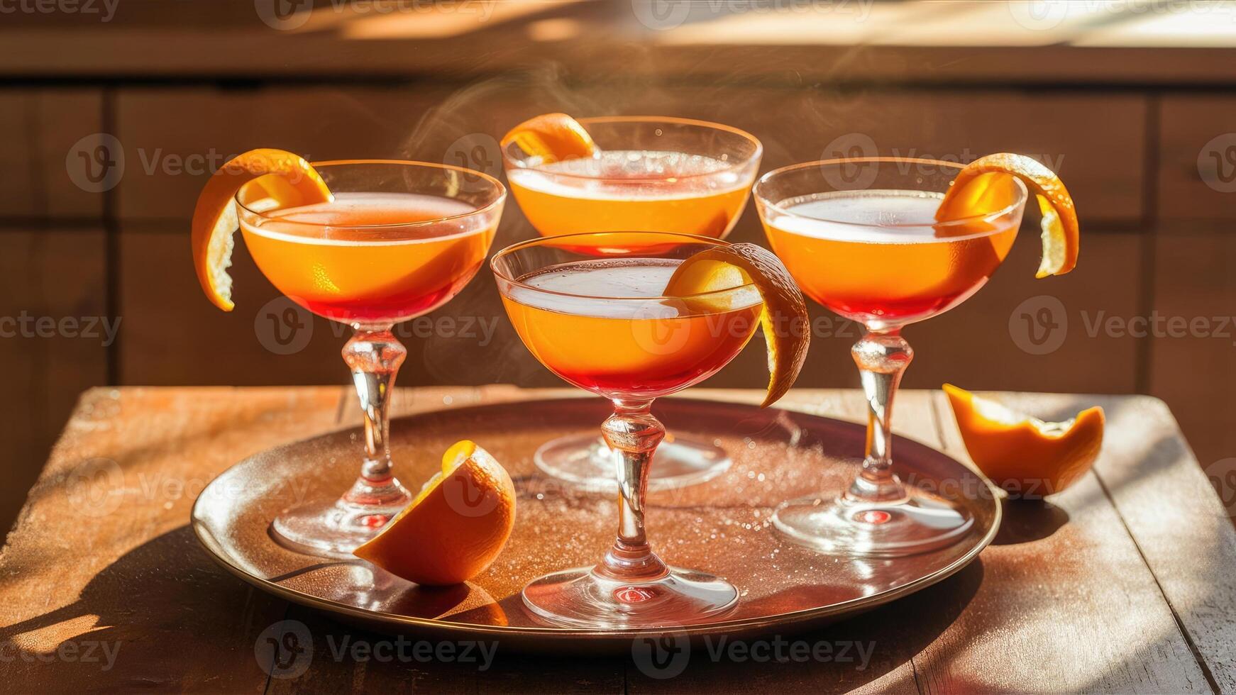 Four glasses of orange juice with a slice of orange photo