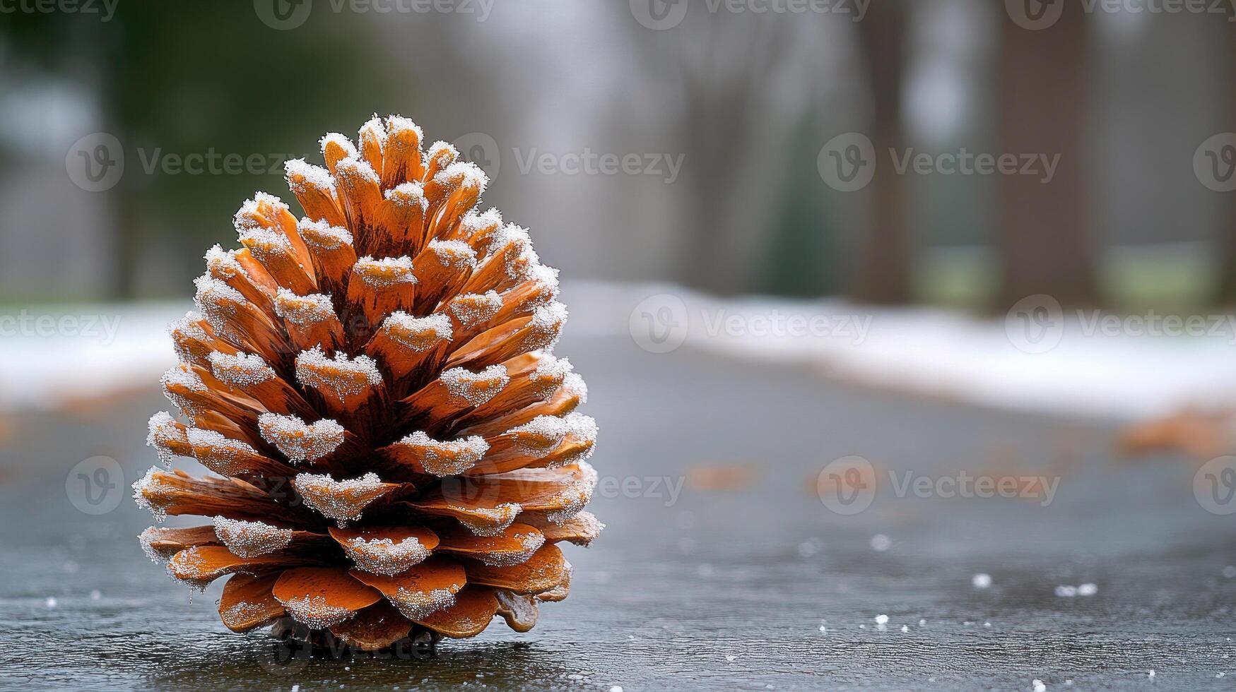 A pine cone covered in frost sits on a snowy path. photo