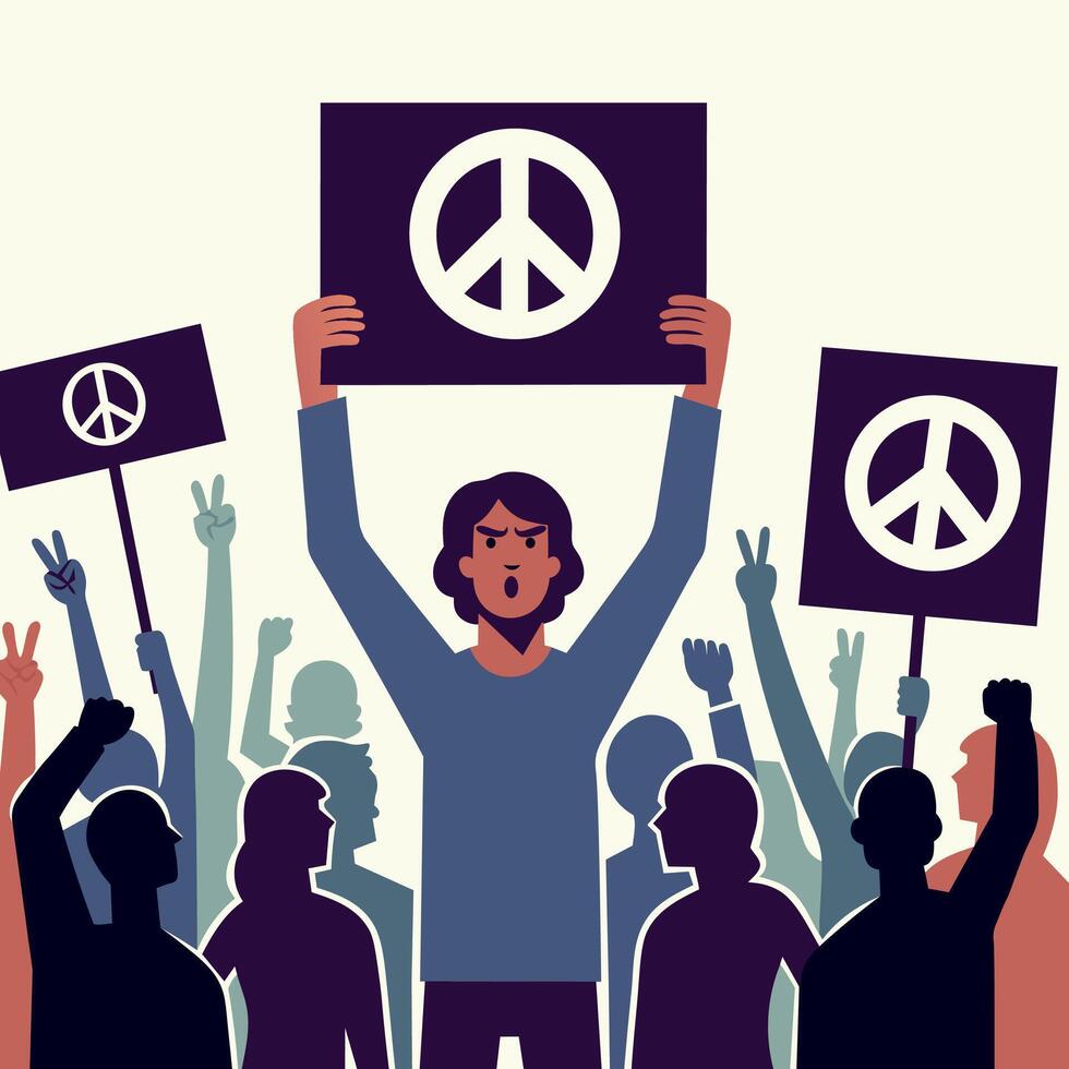 No war protest people holding boards. Make peace not war concept vector
