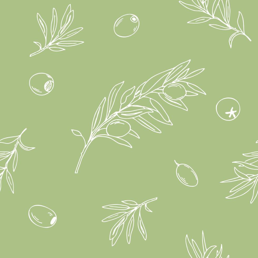 Olive Branches Graphic Seamless Pattern. White line art on a green background. Hand drawn illustration. Can be used for textile, wallpaper prints and packaging vector