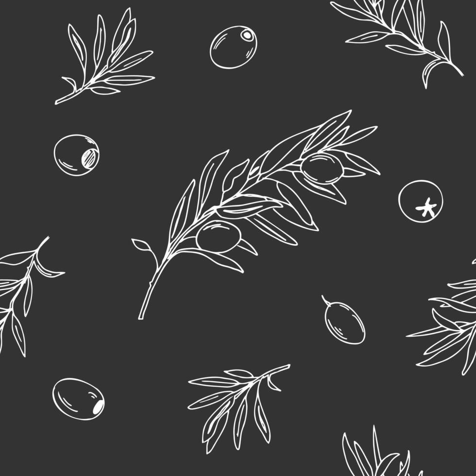 Olive Branches Graphic seamless pattern. White line art on a black background. Hand drawn Black and white illustration. Can be used for textile, wallpaper prints and packaging. vector