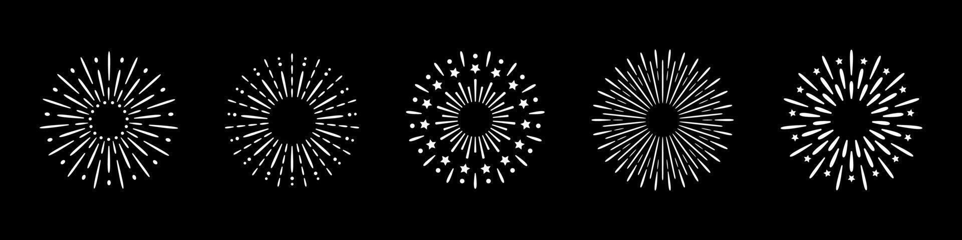 illustration of bright fireworks and firecracker icons set for celebrations and festivals. Collection is ideal for New Year parties and events. Fireworks cliparts in black and white colors. vector