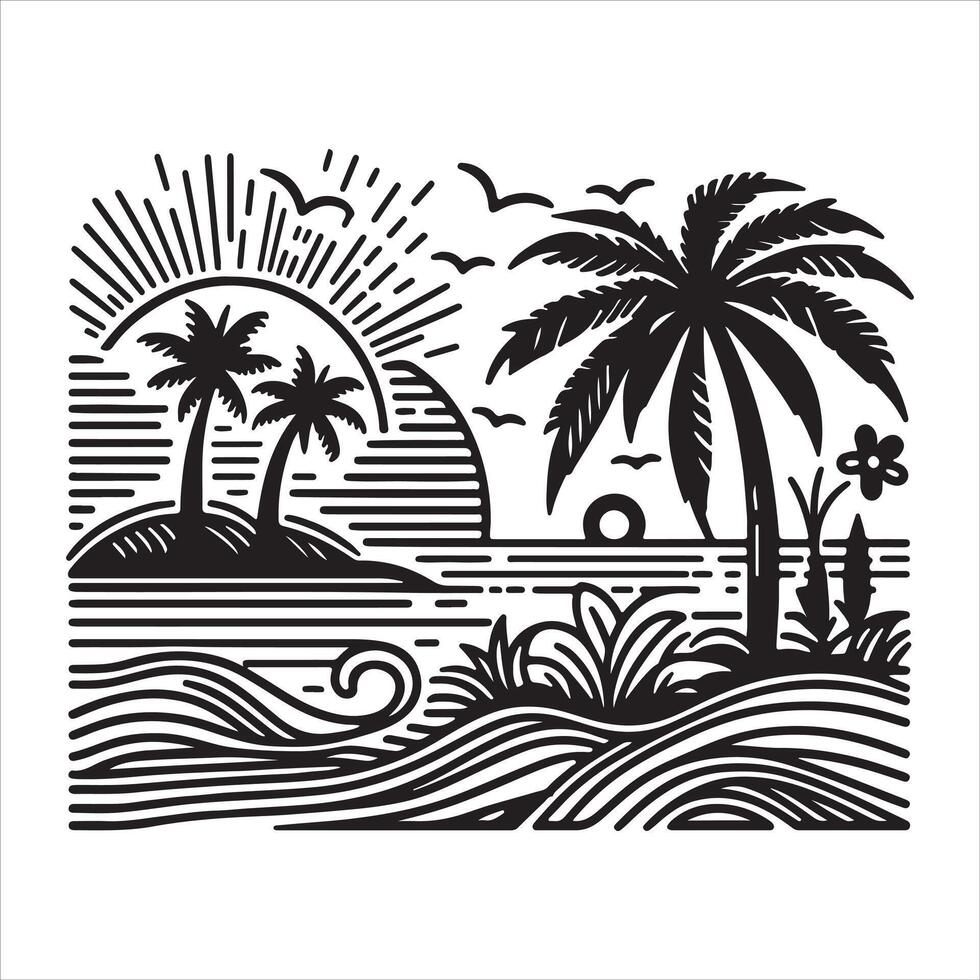 An illustration of palm trees and an umbrella in black and white vector