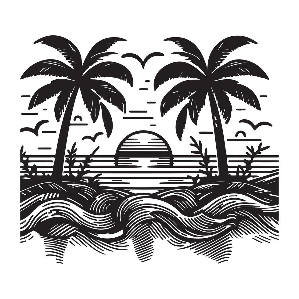 A seaside landscape with a palm tree and a beach in the backdrop vector