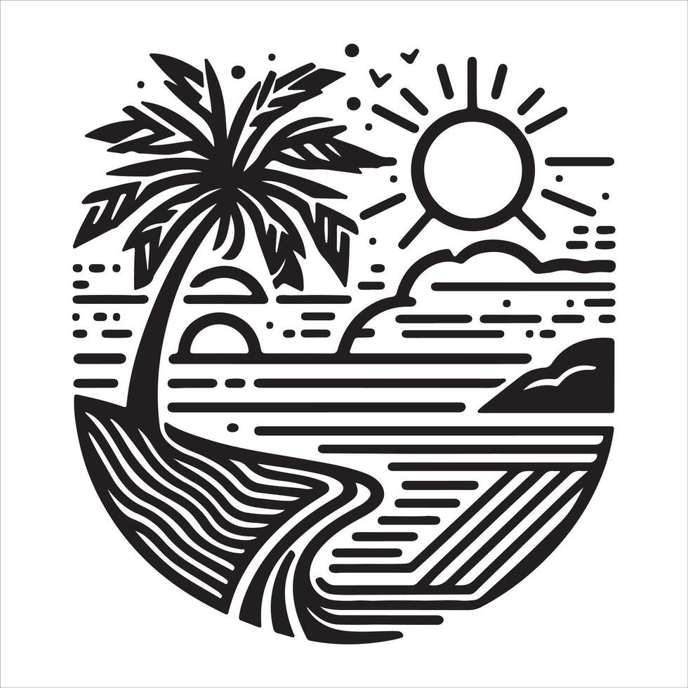 An illustration of palm palms on a beach in black and white vector