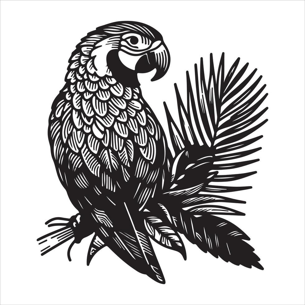 An illustration of a bird with a hand-drawn raven perched on a branch Artificial Intelligence vector