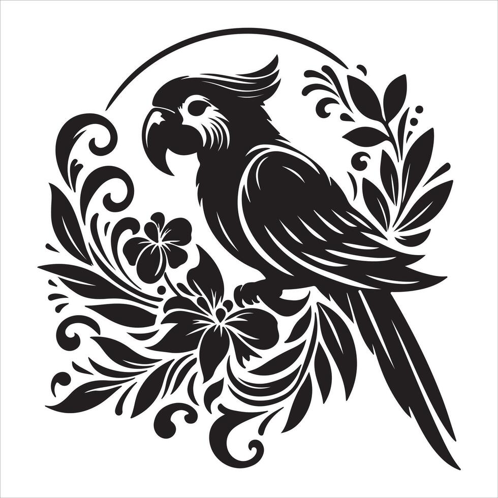 On a branch covered in flowers and leaves, two birds are perched. vector