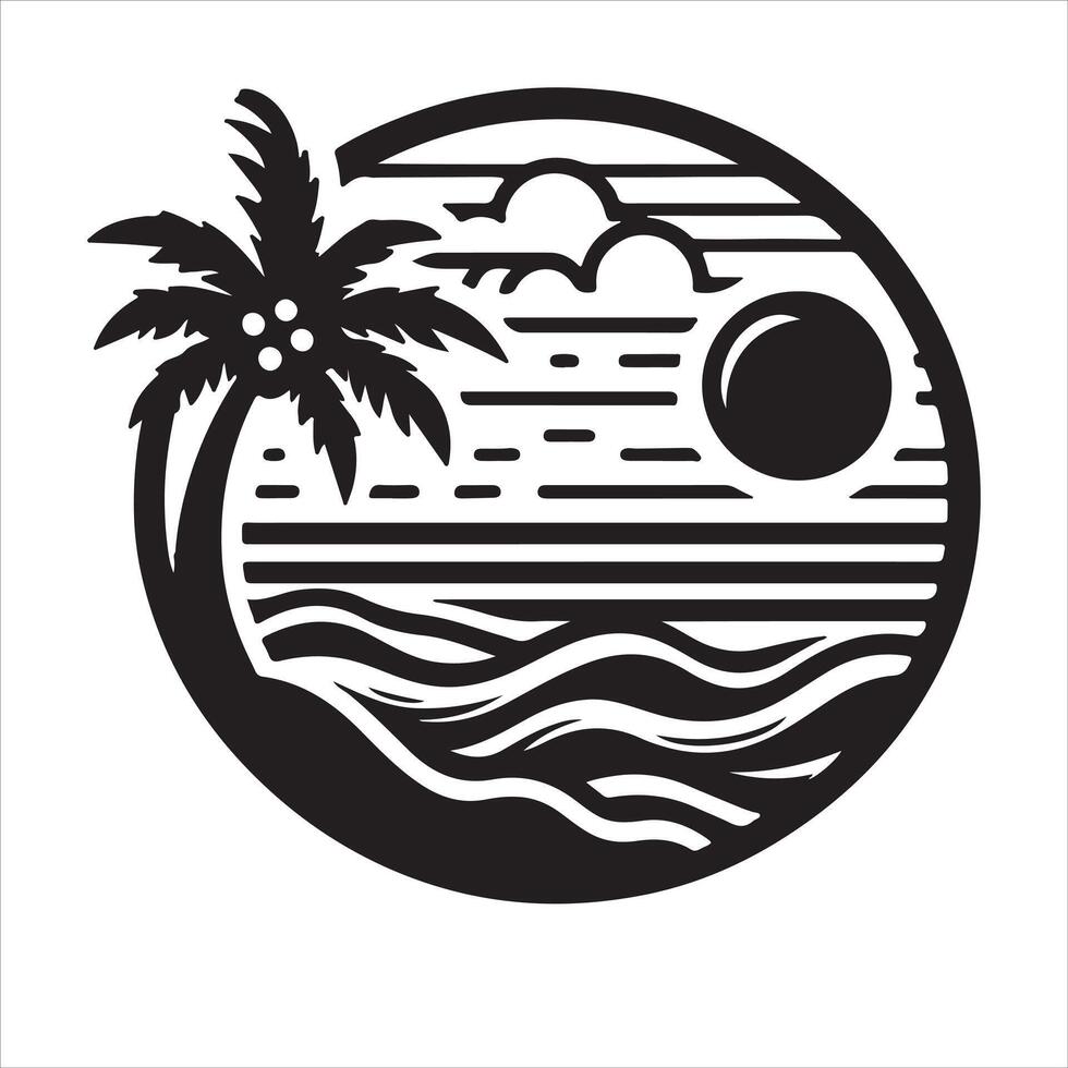 A minimalist graphic logo design with coconut trees and a beach. vector