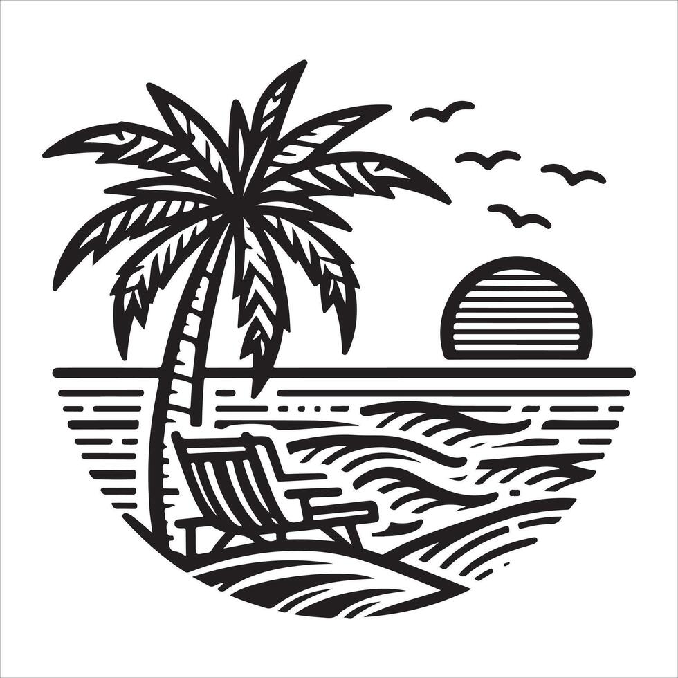 Tropical beach design stock illustration in line art vector