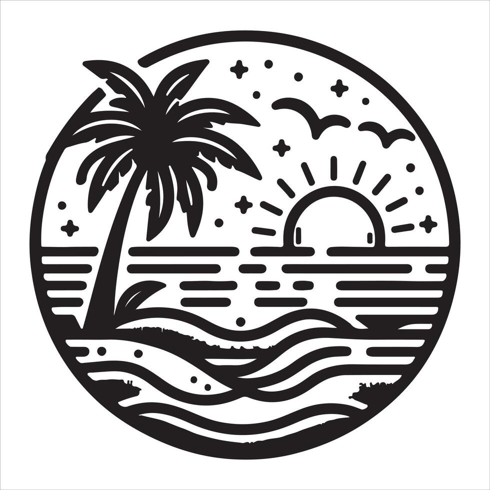 Graphic illustration of a summer line logo, beach logo featuring surfboards and coconut palms vector