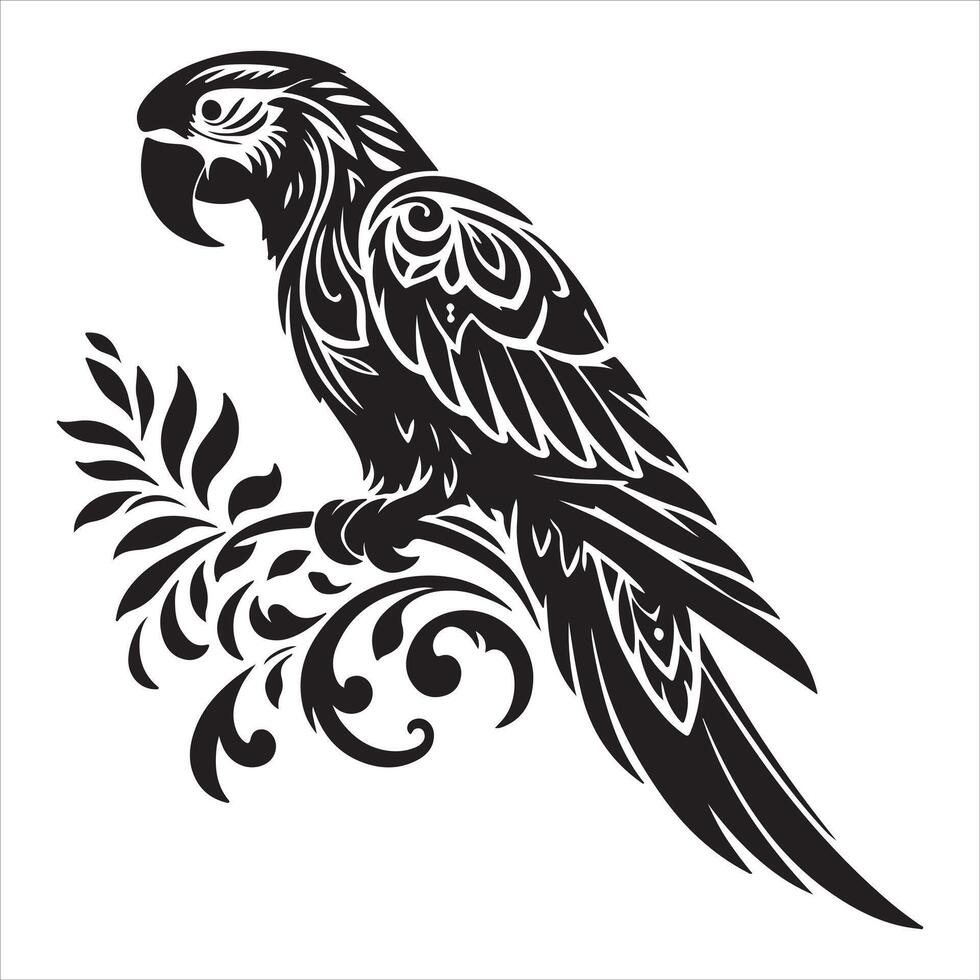 An illustration shows a parrot perched on a flower-adorned branch vector