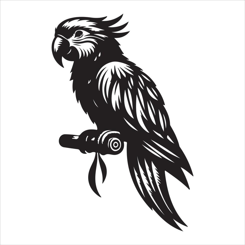 An illustration of a parrot with flowers and leaves in black and white vector