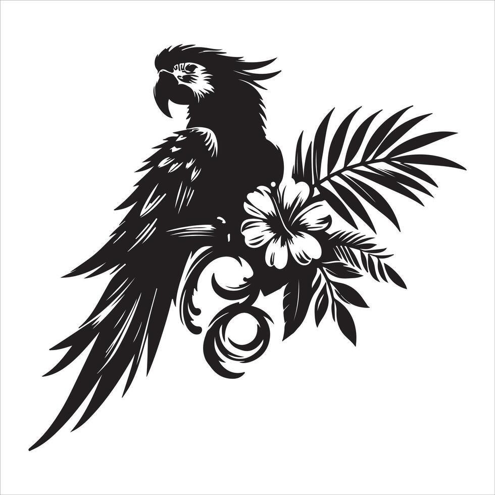 A graphic silhouette of a parrot bird preaching on a tree branch vector
