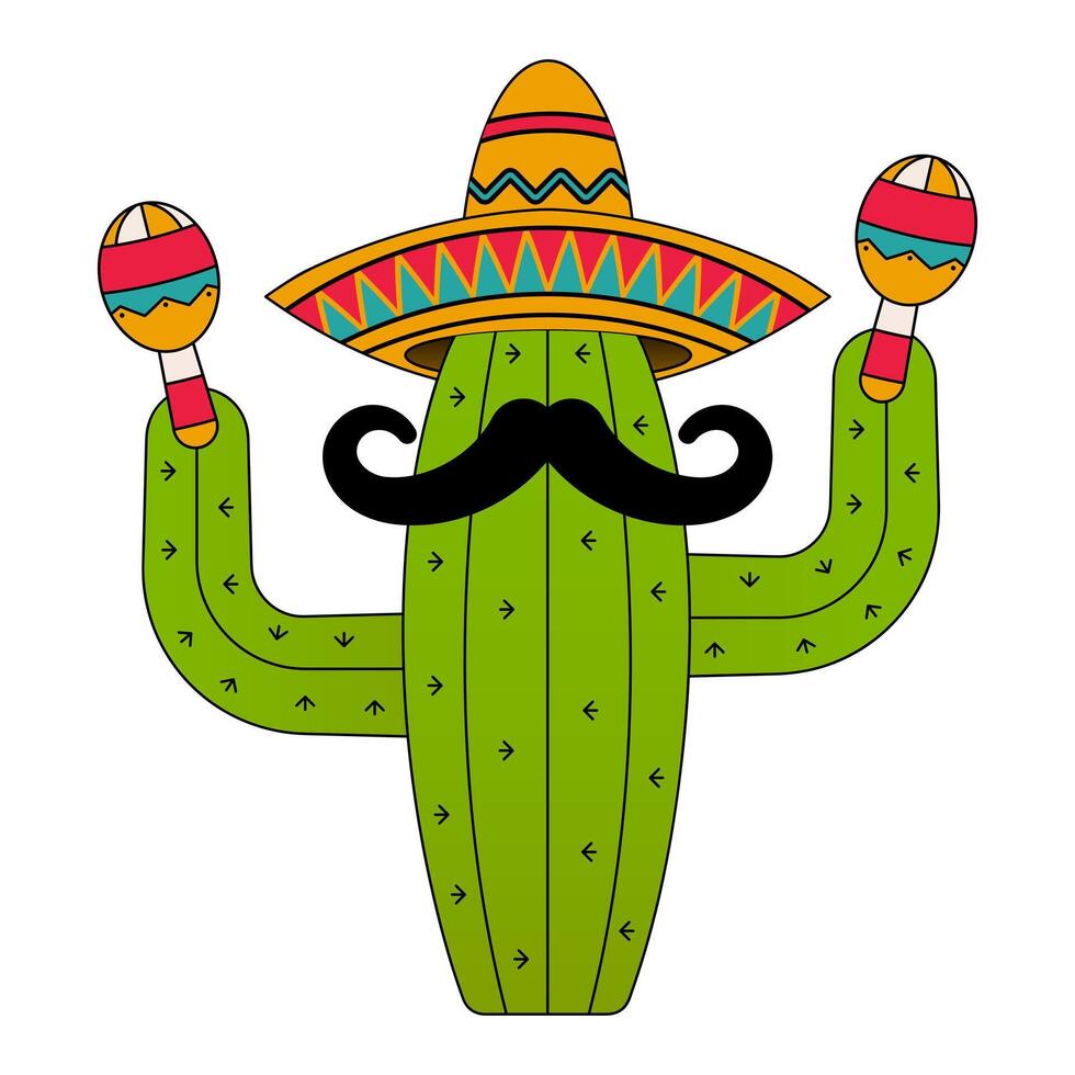 Cartoon Cactus with Moustache, Sombrero and Maracas sticker, icon logo vector