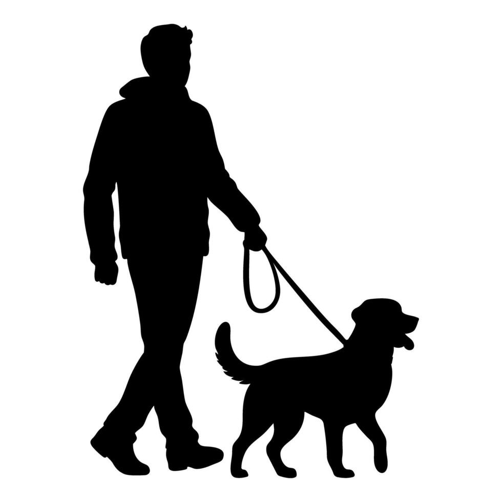 Silhouette of a man walking her dog on a leash. illustration vector