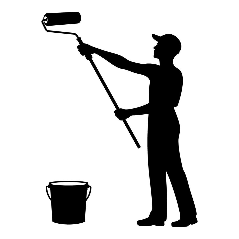Professional painter silhouette painting with roller and bucket vector