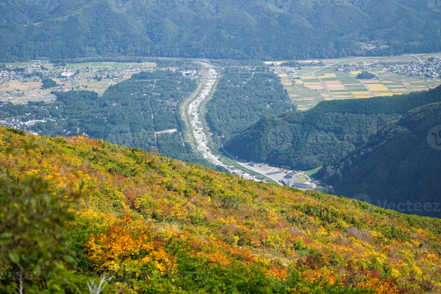 Happo Alpen Line Nature trail, Hakuba, Nahano, Japan, Vibrant autumn landscape from a mountain view photo