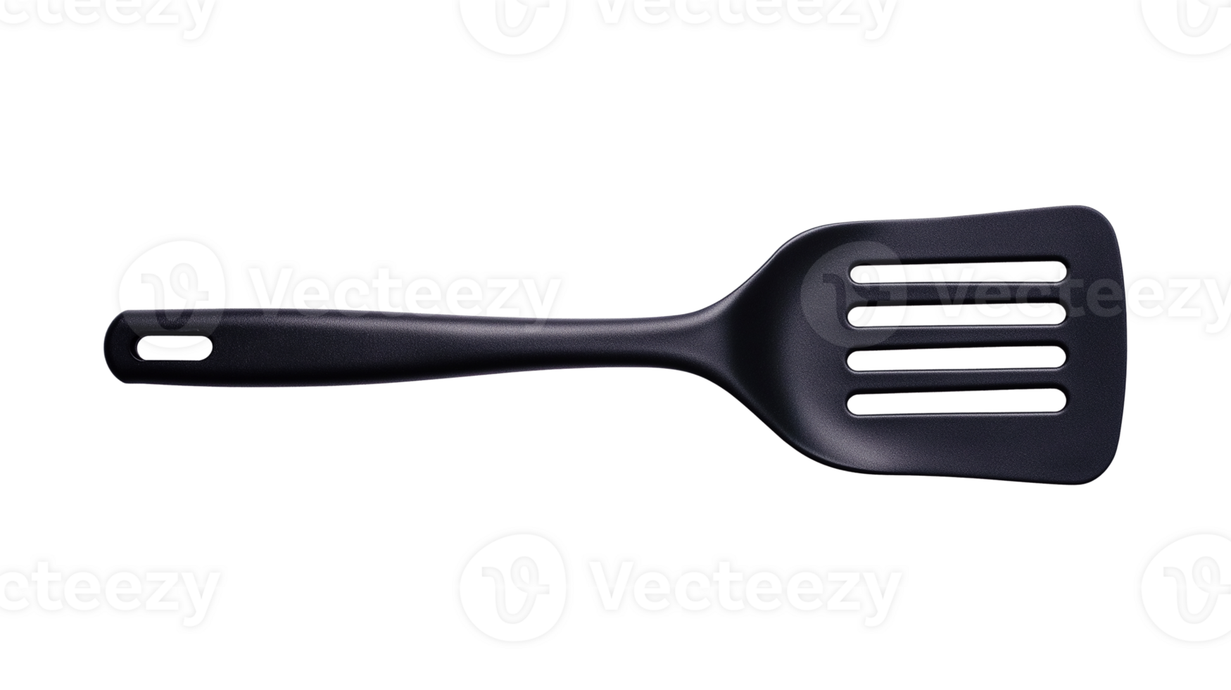 Black nylon slotted spatula with ergonomic handle image isolated transparent, . Practical kitchen tool cut out . Versatile cooking utensil cutout element object photography png