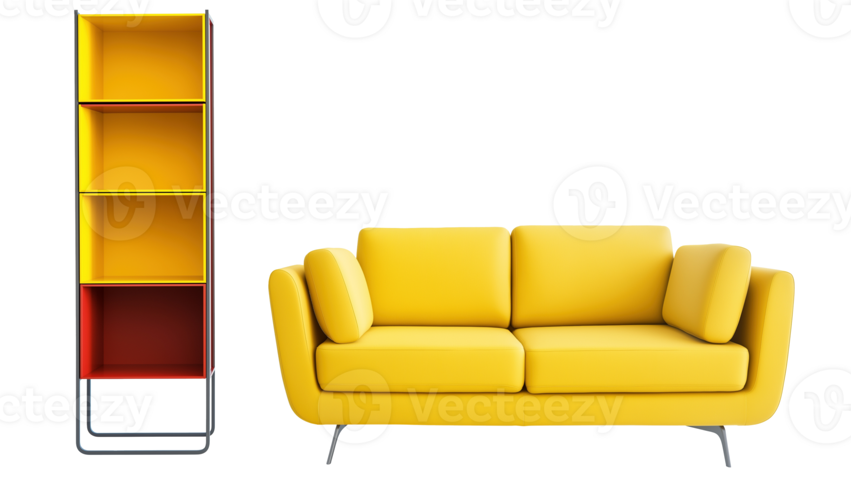 Bright yellow sofa with simple vertical shelf image isolated transparent, . Minimalist couch rack stand cut out . Cozy modern interior cutout element object photography png