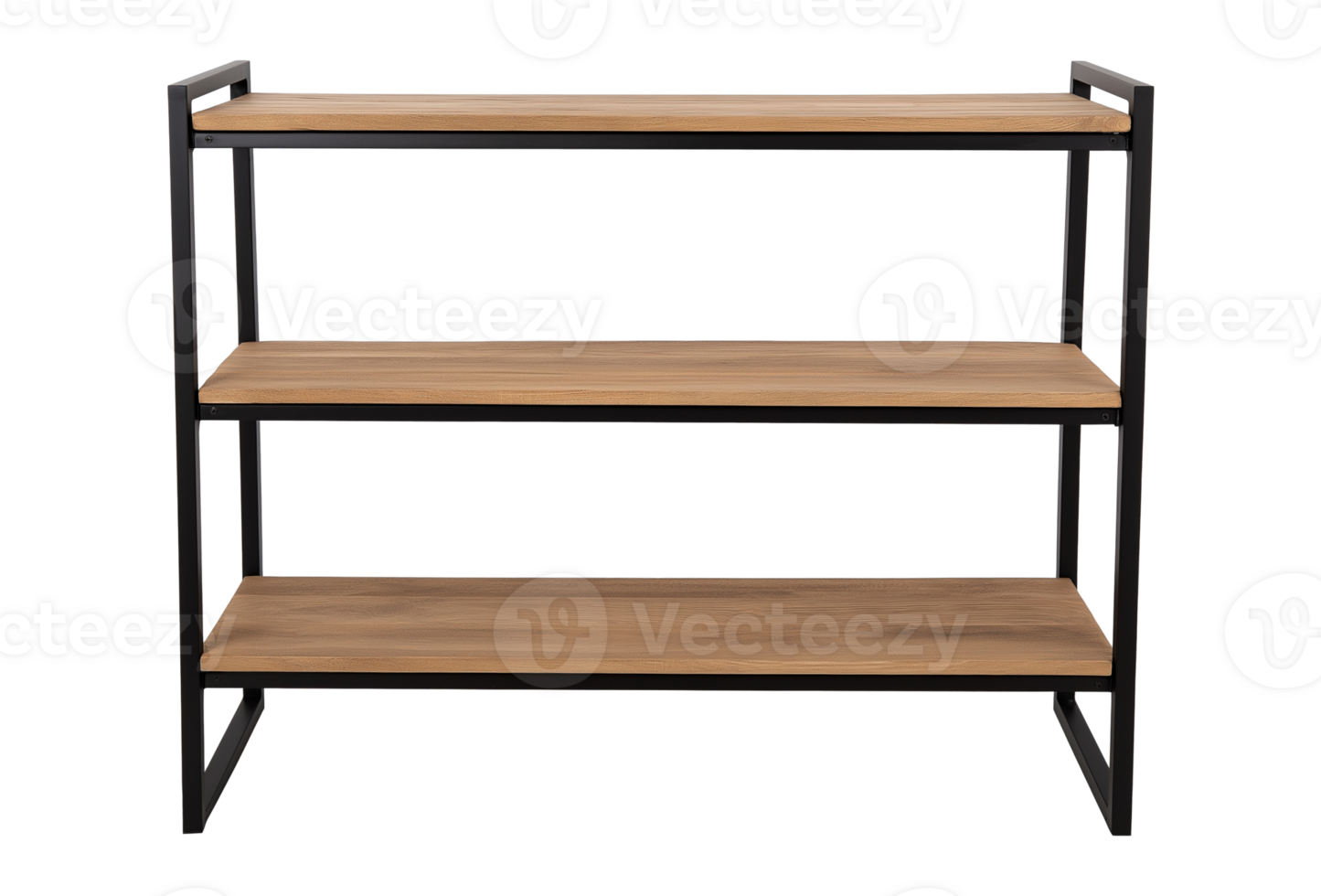 Three-tier industrial storage shelf image isolated transparent, . Natural wood and black metal frame furniture cut out . Open shelving unit cutout element object photography png