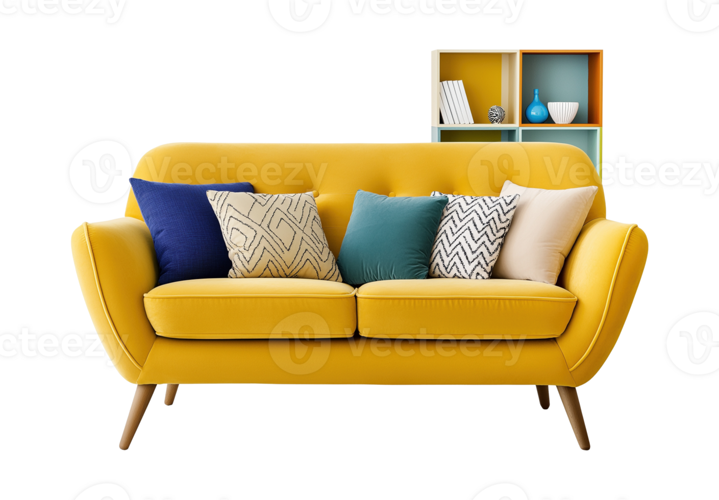 Yellow sofa with throw pillows and decorative shelf image isolated transparent, . Stylish home seating cut out . Comfortable living room cutout element object photography png