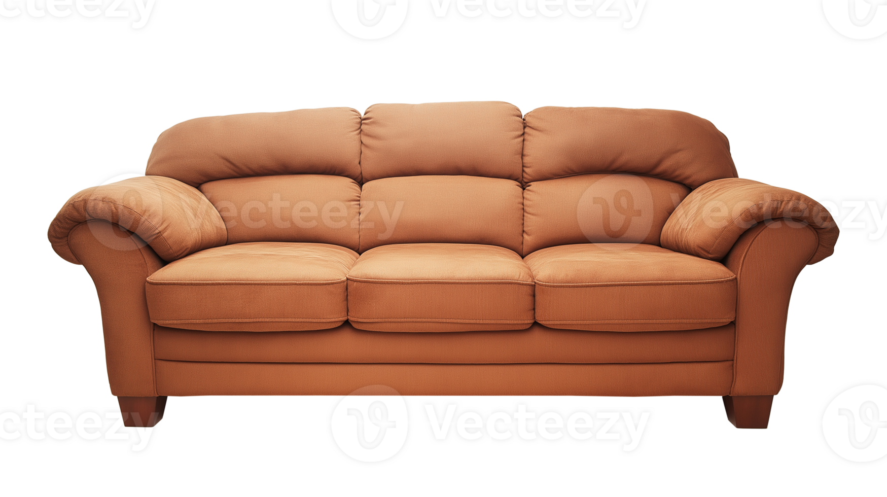 Plush brown sofa with curved armrests and classic design image isolated transparent, . Cozy padded couch cut out . Soft comfortable furniture cutout element object photography png