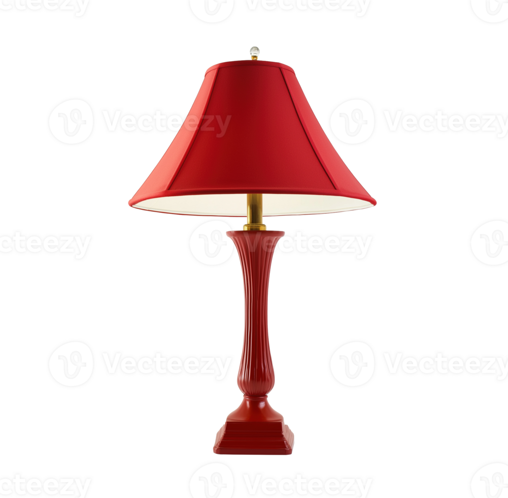 Classic red table lamp with fluted base and brass accents image isolated transparent. Timeless home decor cut out . Elegant lighting cutout element object photography png