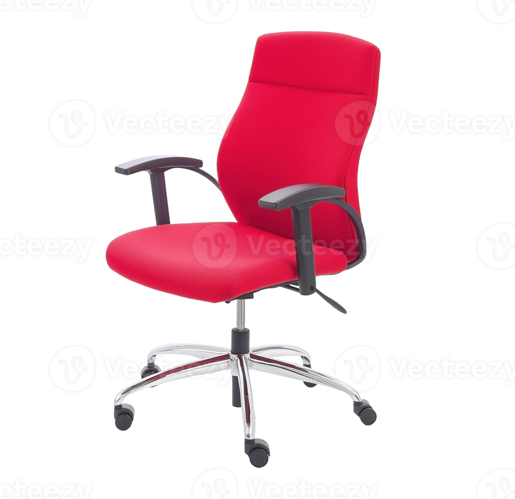 Red office chair image isolated transparent, . Modern office furniture cut out . Ergonomic seating. Comfortable desk chair with wheels cutout element object photography png