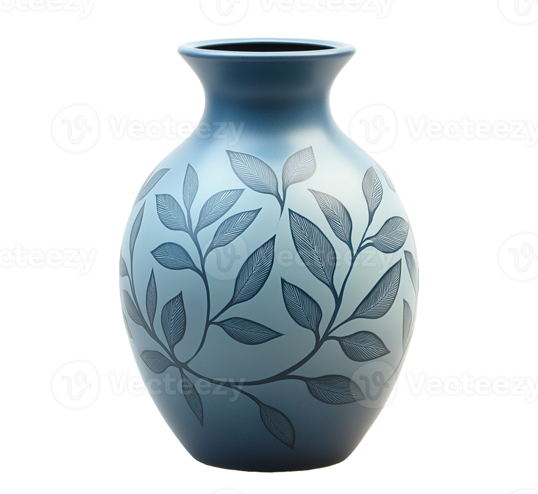 Blue ceramic vase with delicate leaf pattern image isolated transparent. Contemporary natural-themed decor cut out . Elegant home accessory cutout element object photography png