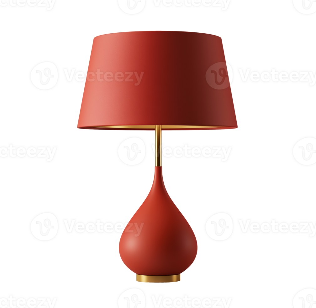 Modern red table lamp with teardrop base image isolated transparent, . Stylish bedside lamp with lampshade cut out . Home lighting decor cutout element object photography png