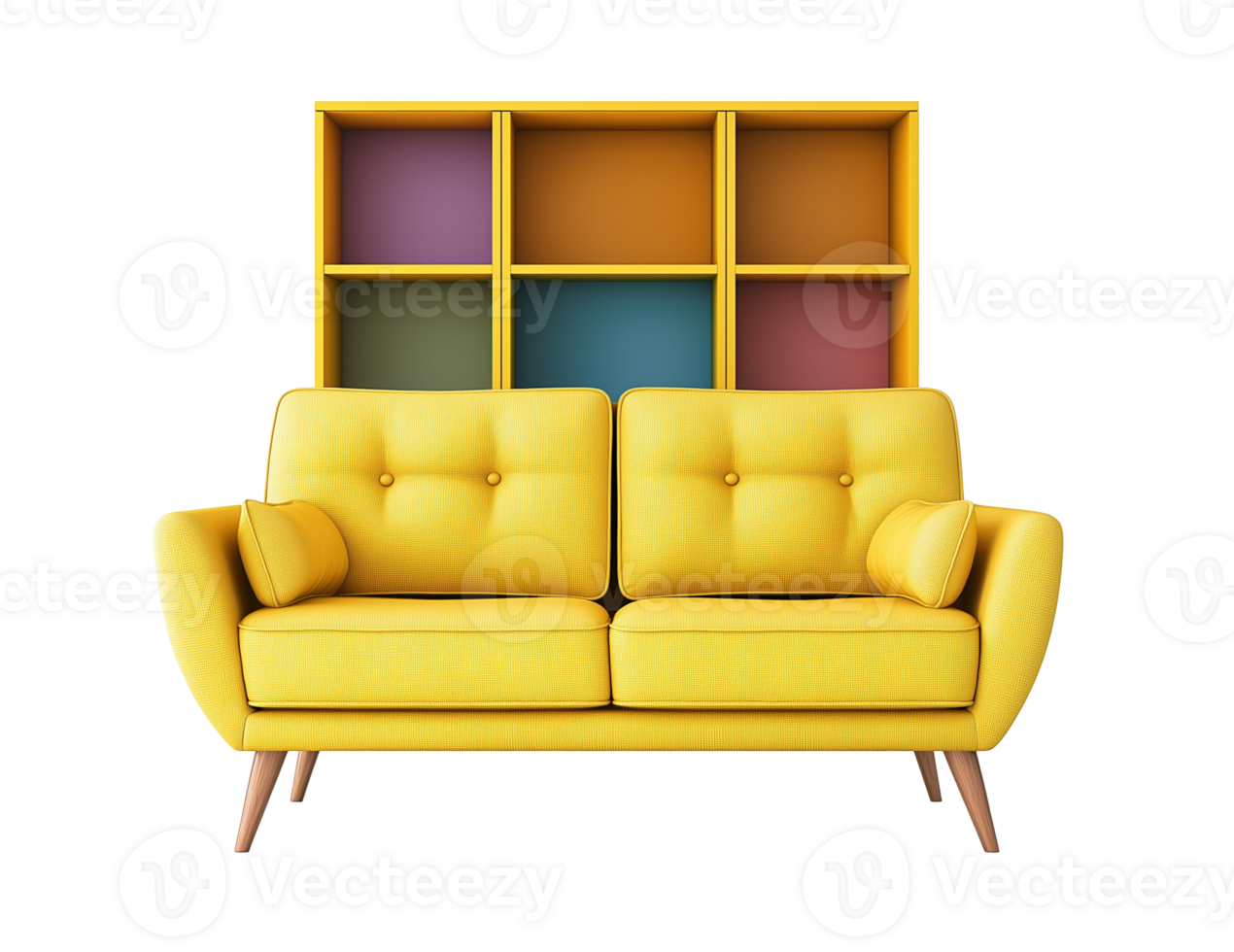 Tufted yellow sofa with vibrant cube-style bookshelf image isolated transparent, . Cozy room seating cut out . Comfortable furniture bookcase cutout element object photography png