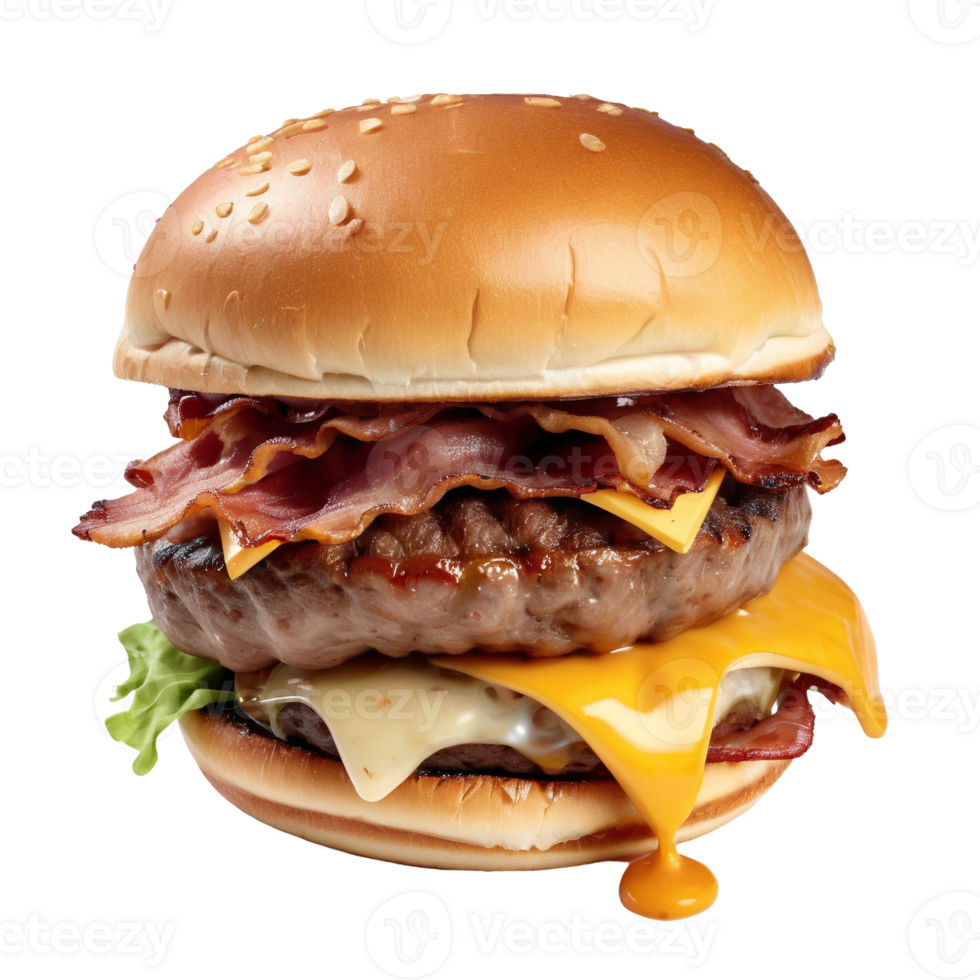 Delicious Double Bacon Cheeseburger with Melting Cheese on Transparent Background png