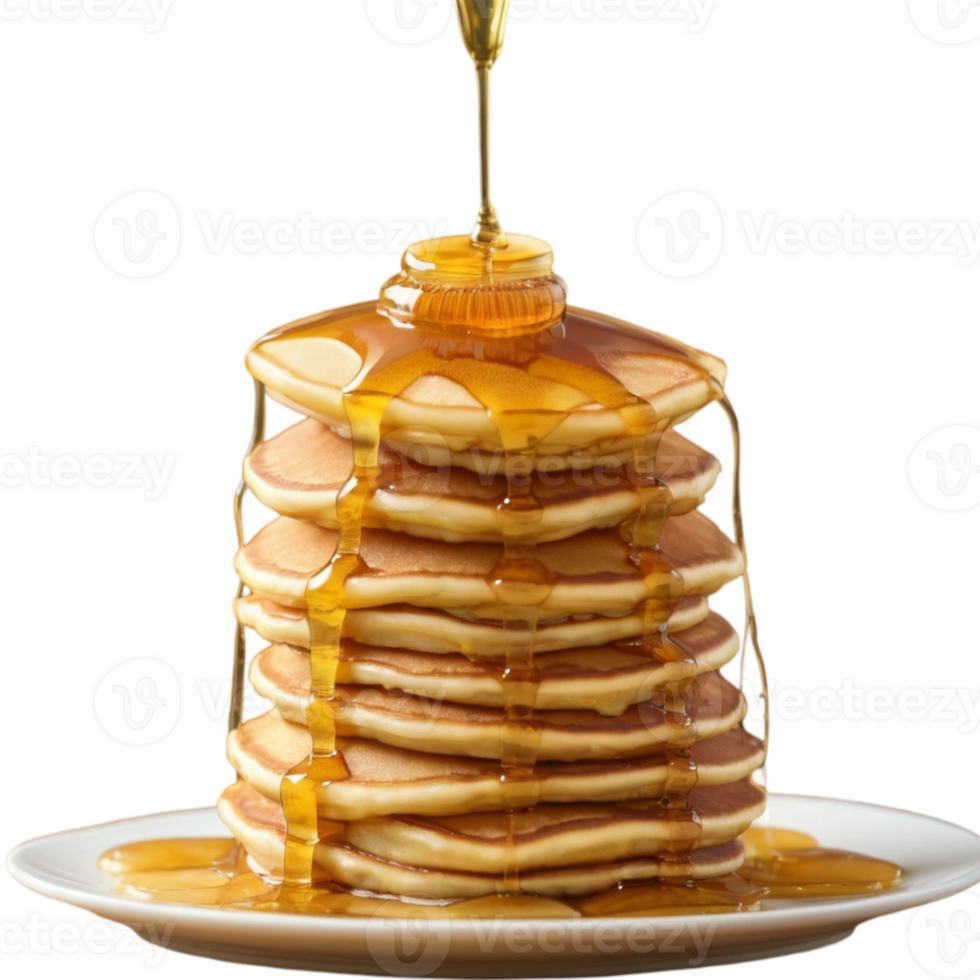Stack of Pancakes with Drizzling Syrup on White Plate on Transparent Background png