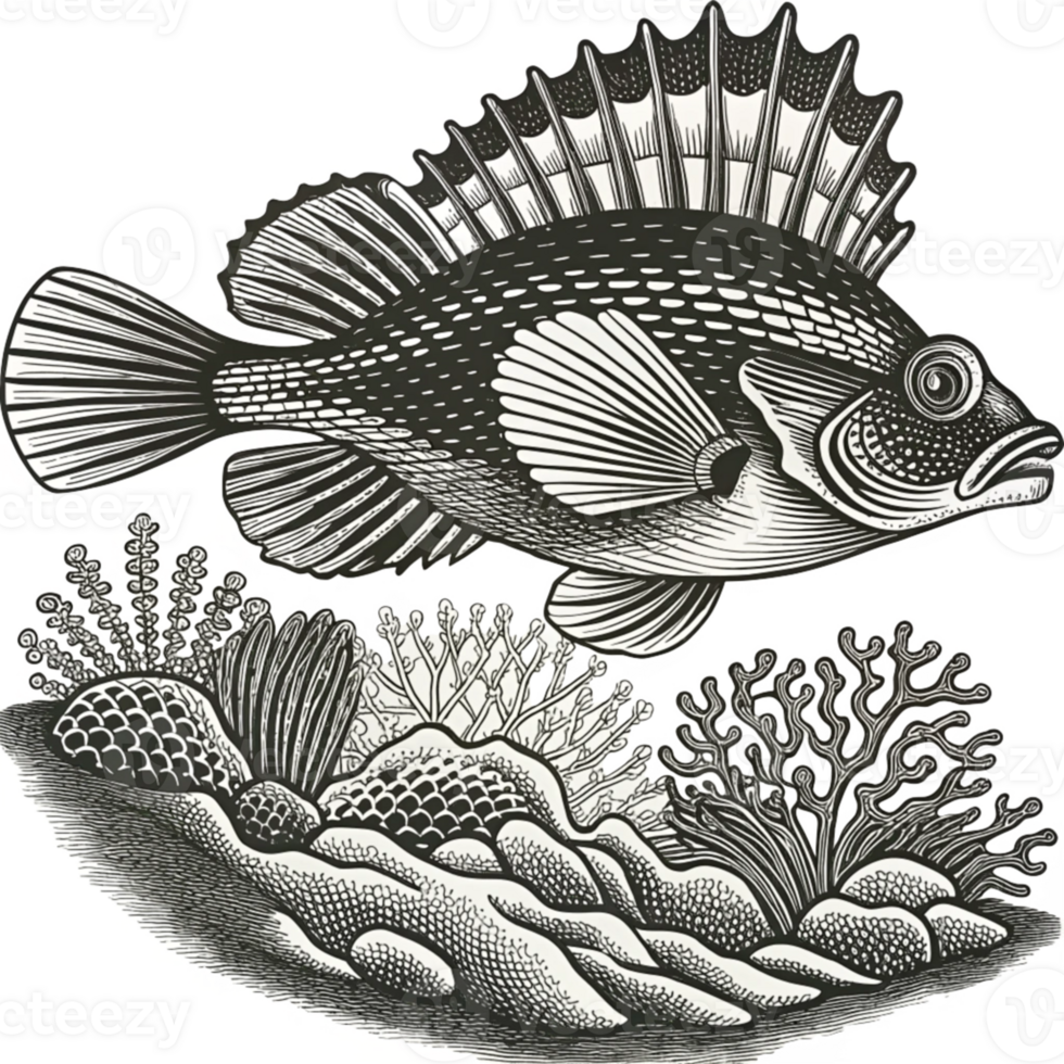 Intricate Illustration of a Swimming Fish png