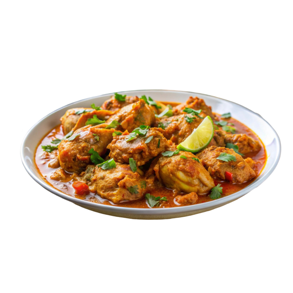 Spicy Chicken Curry with Lime on a White Plate png