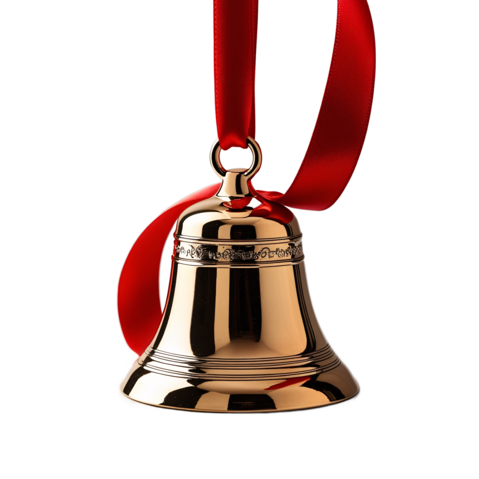 Golden Christmas Bell with Red Ribbon, Isolated on Transparent Background, High-Resolution Stock Image png