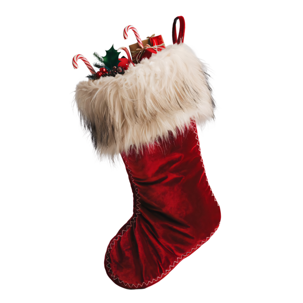 A Festive Christmas Stocking Filled with Treats, Isolated on Transparent Background, High-Resolution Stock Image png