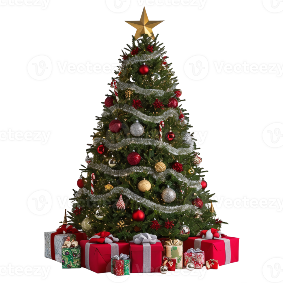 Decorated Christmas Tree with Presents, Isolated on Transparent Background, High-Resolution Stock Image png