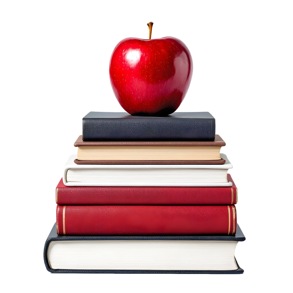 A Stack of Books Topped With a Red Apple png