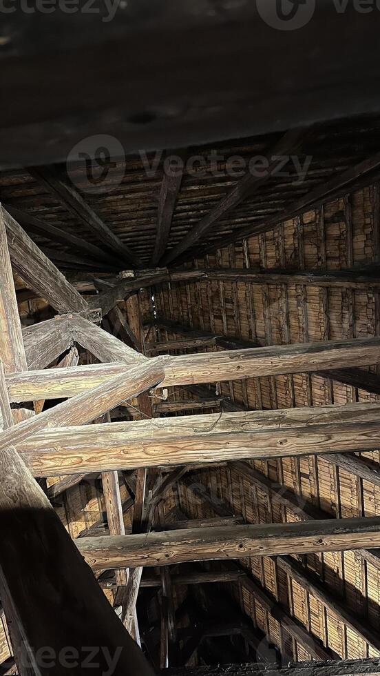 Wooden ceiling beams in Medieval knight's castle, Siedlicin tower in Poland, Silesia. photo