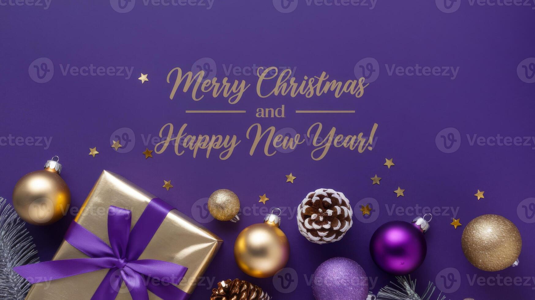 Purple and Gold Christmas Arrangement with Gift Box and Baubles on Purple Background. Elegant, Festive Christmas Banner, Template, Copy Space, Social Media Post photo