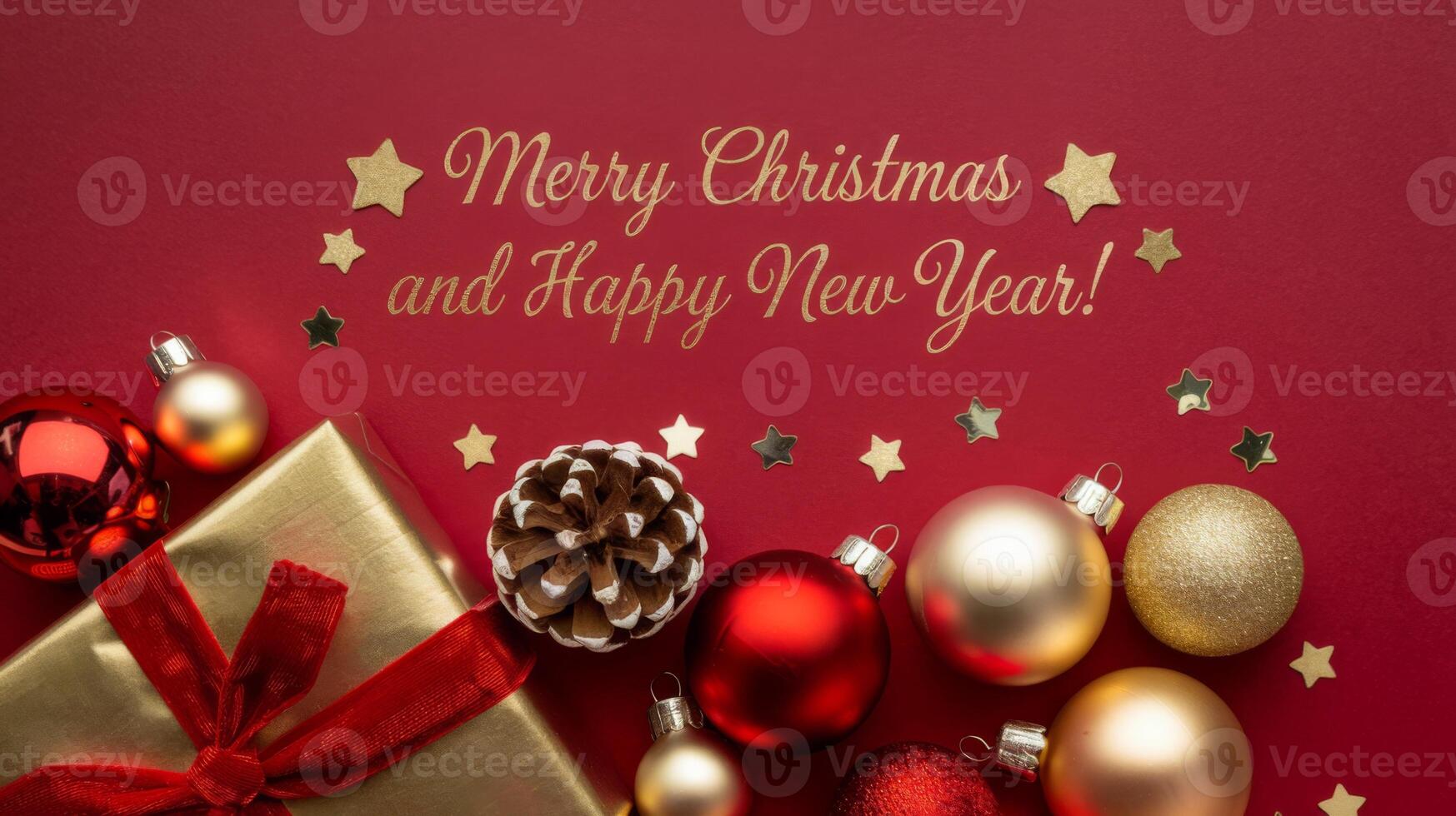 Red and Gold Christmas Arrangement with Gift Box and Baubles on Red Background. Elegant, Festive Christmas Banner, Template, Copy Space, Social Media Post photo